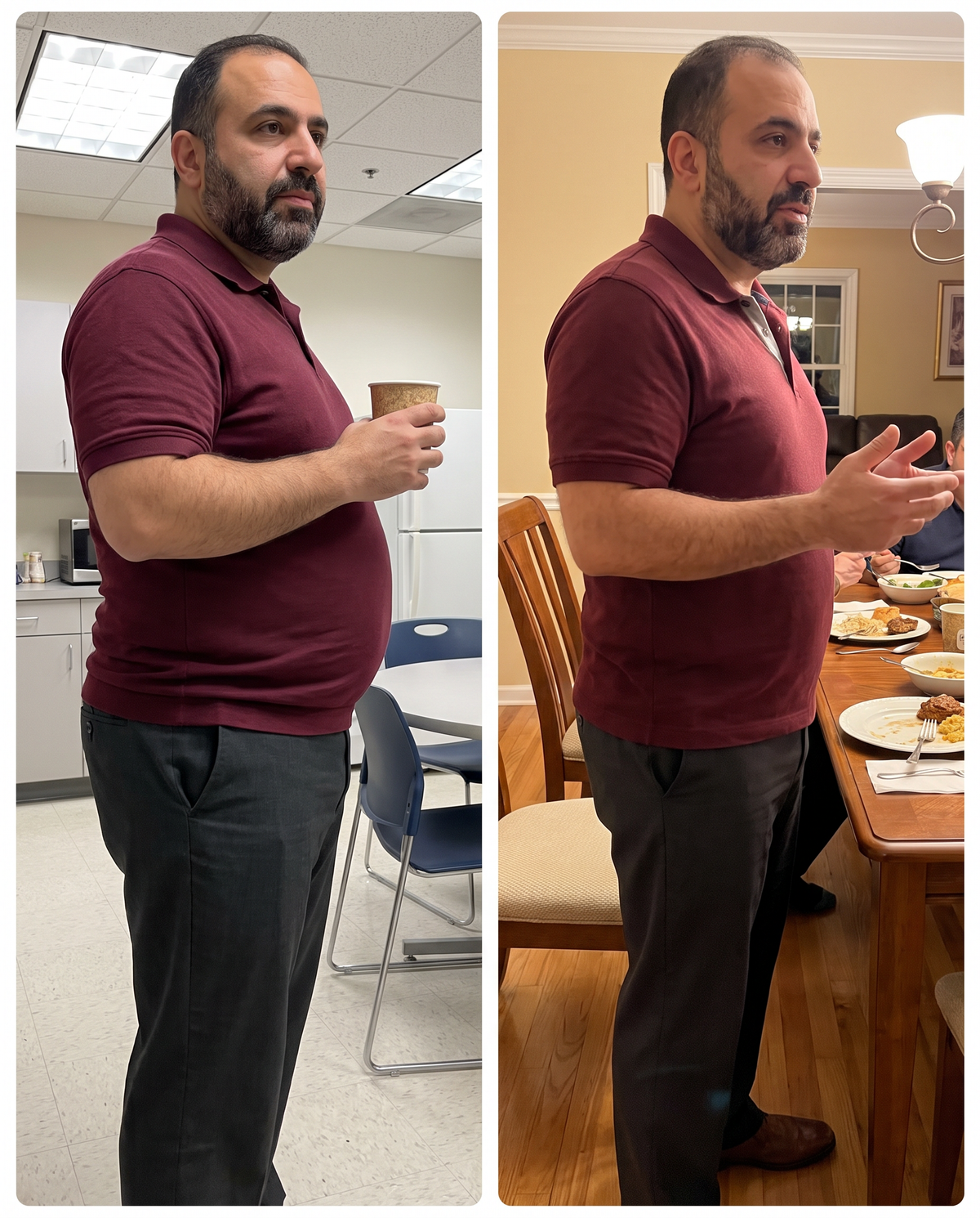 Same man, same knit polo: without and with a Torvenn compression tank underneath