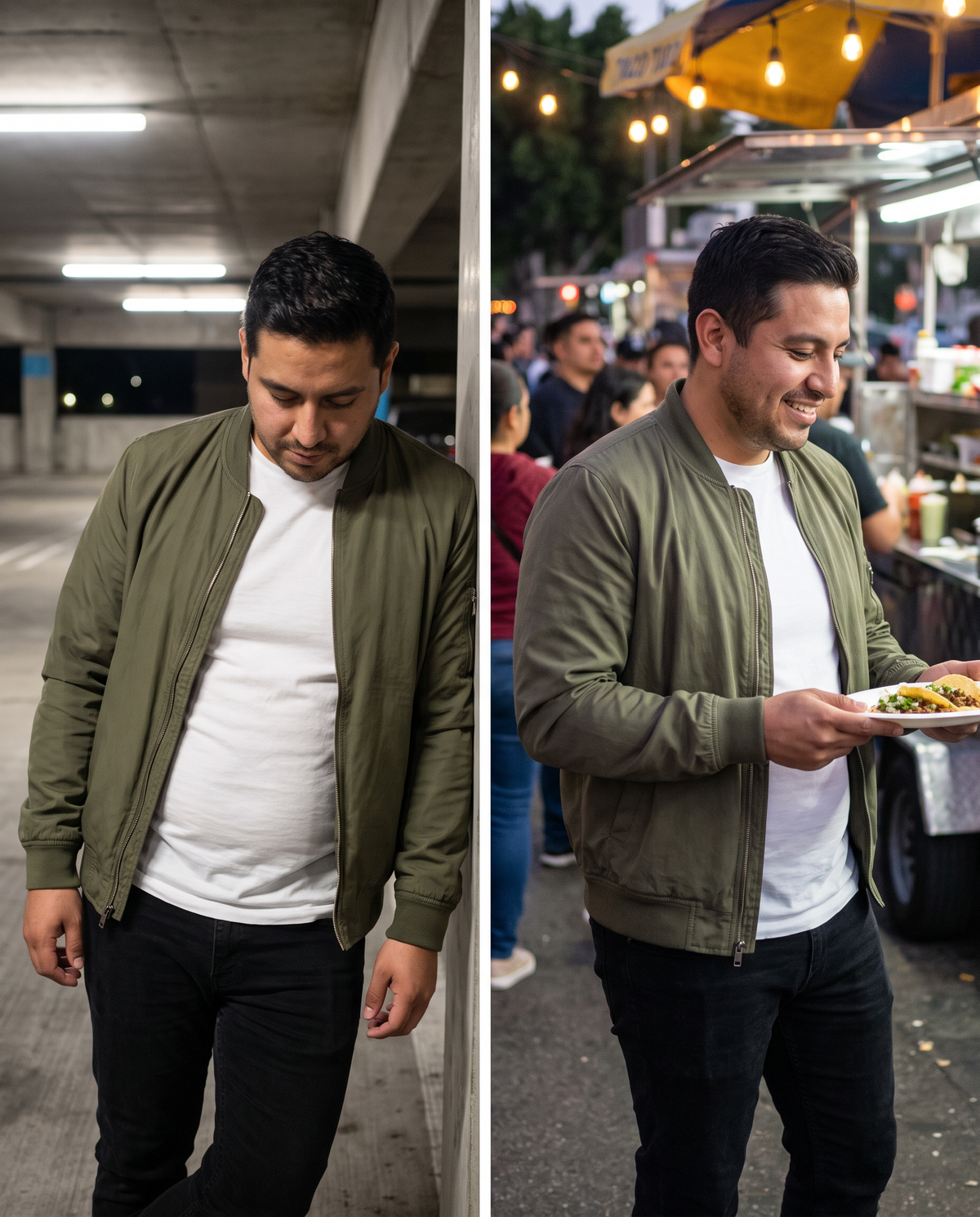 Same man, same bomber jacket and tee: without and with a Torvenn compression tank underneath