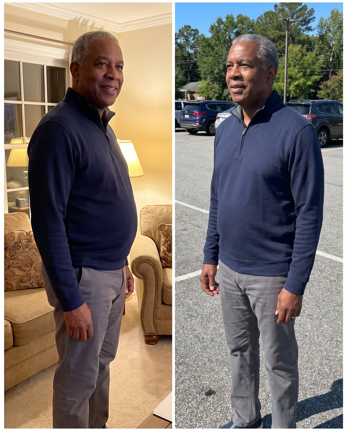 Same man, same quarter-zip: without and with a Torvenn compression tank underneath