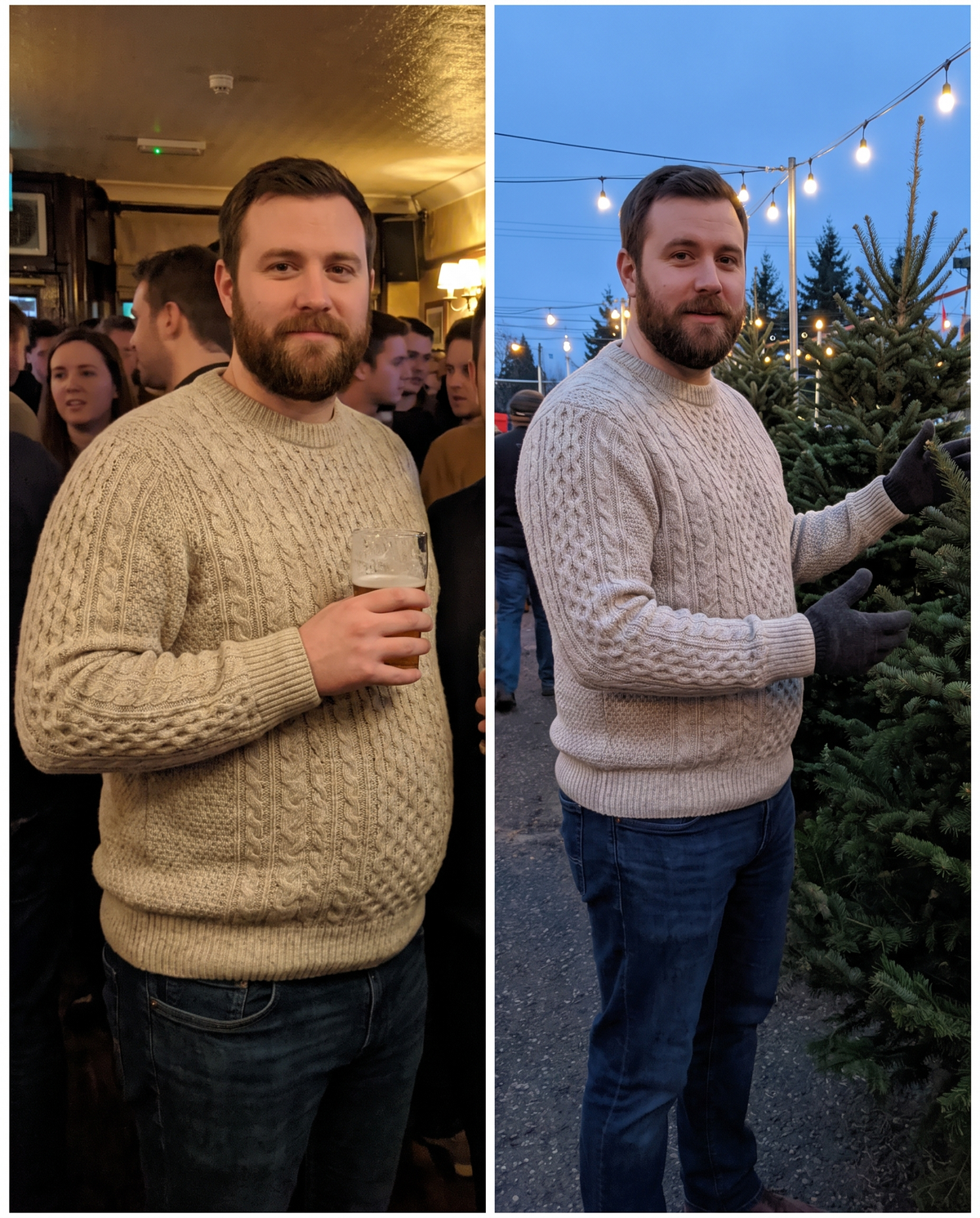 Same man, same cable-knit sweater: without and with a Torvenn compression tank underneath