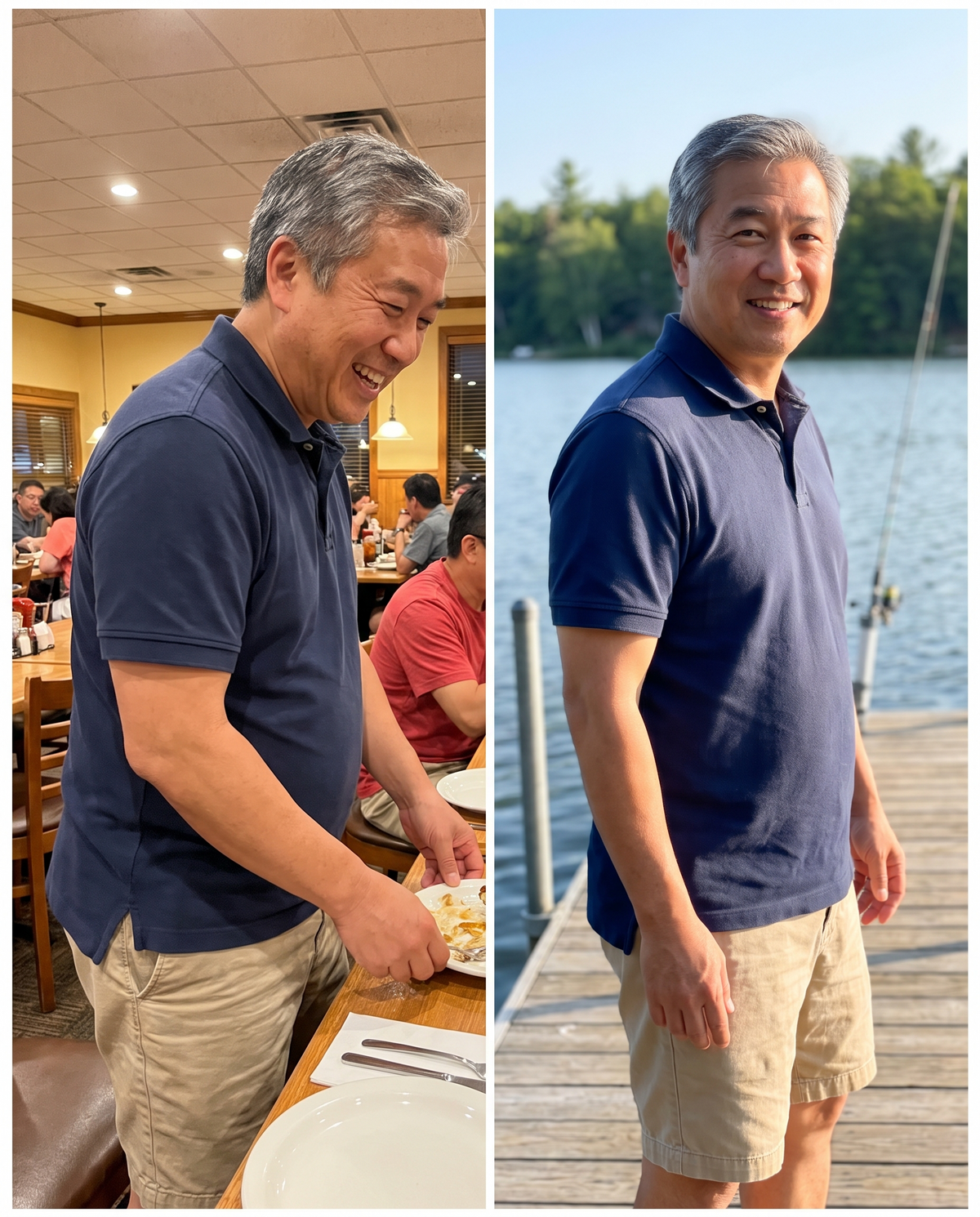 Same man, same navy polo: without and with a Torvenn compression tank underneath