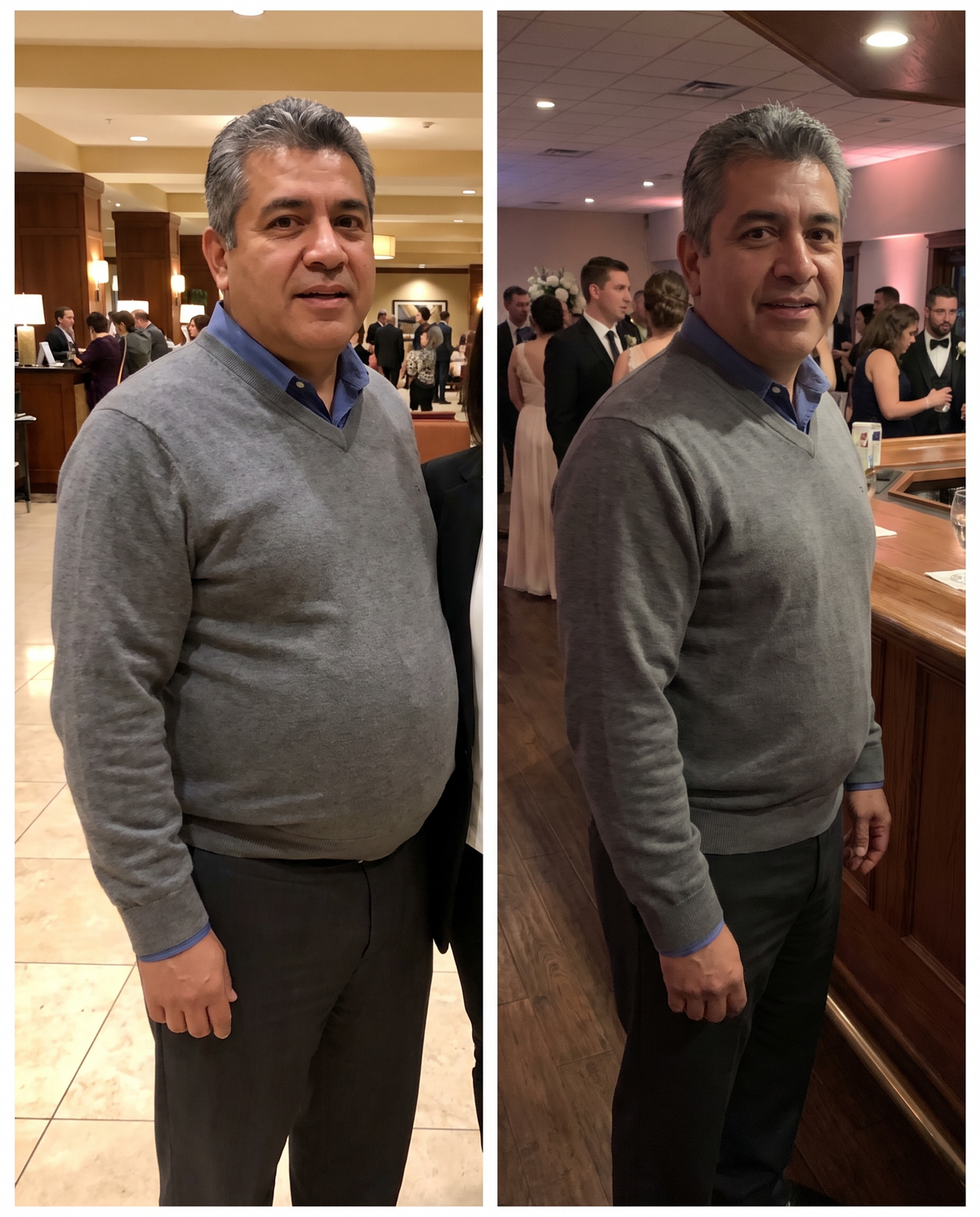 Same man, same v-neck sweater: without and with a Torvenn compression tank underneath