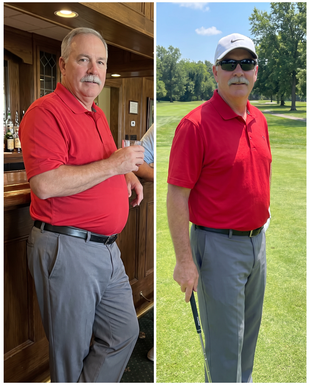 Same man, same golf polo: without and with a Torvenn compression tank underneath