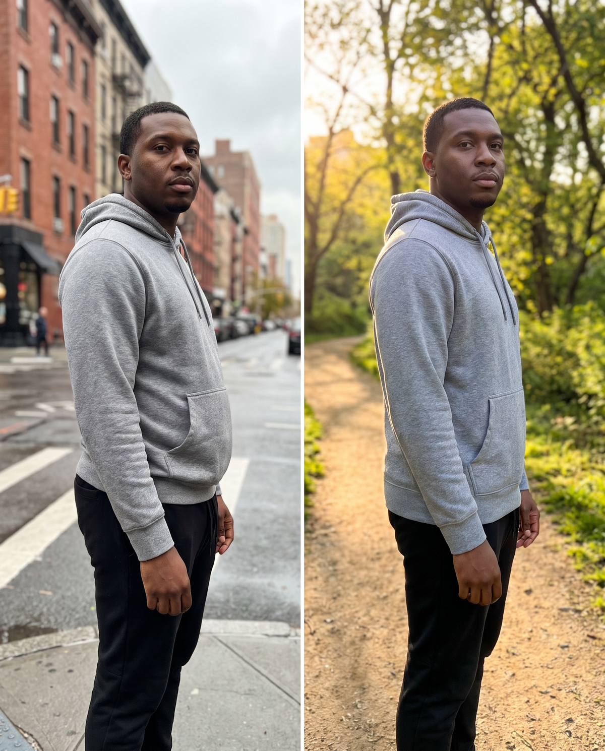 Same man, same hoodie: without and with a Torvenn compression tank underneath